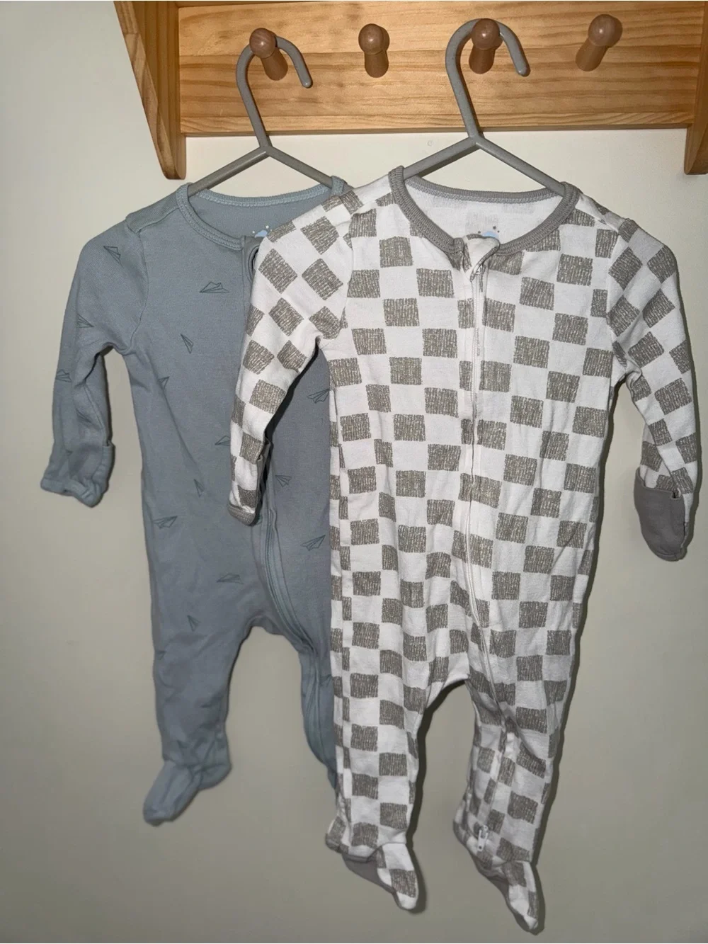 cloud island Grey Checkered & Blue Paper Airplane Footed One-Pieces - 2-Pack